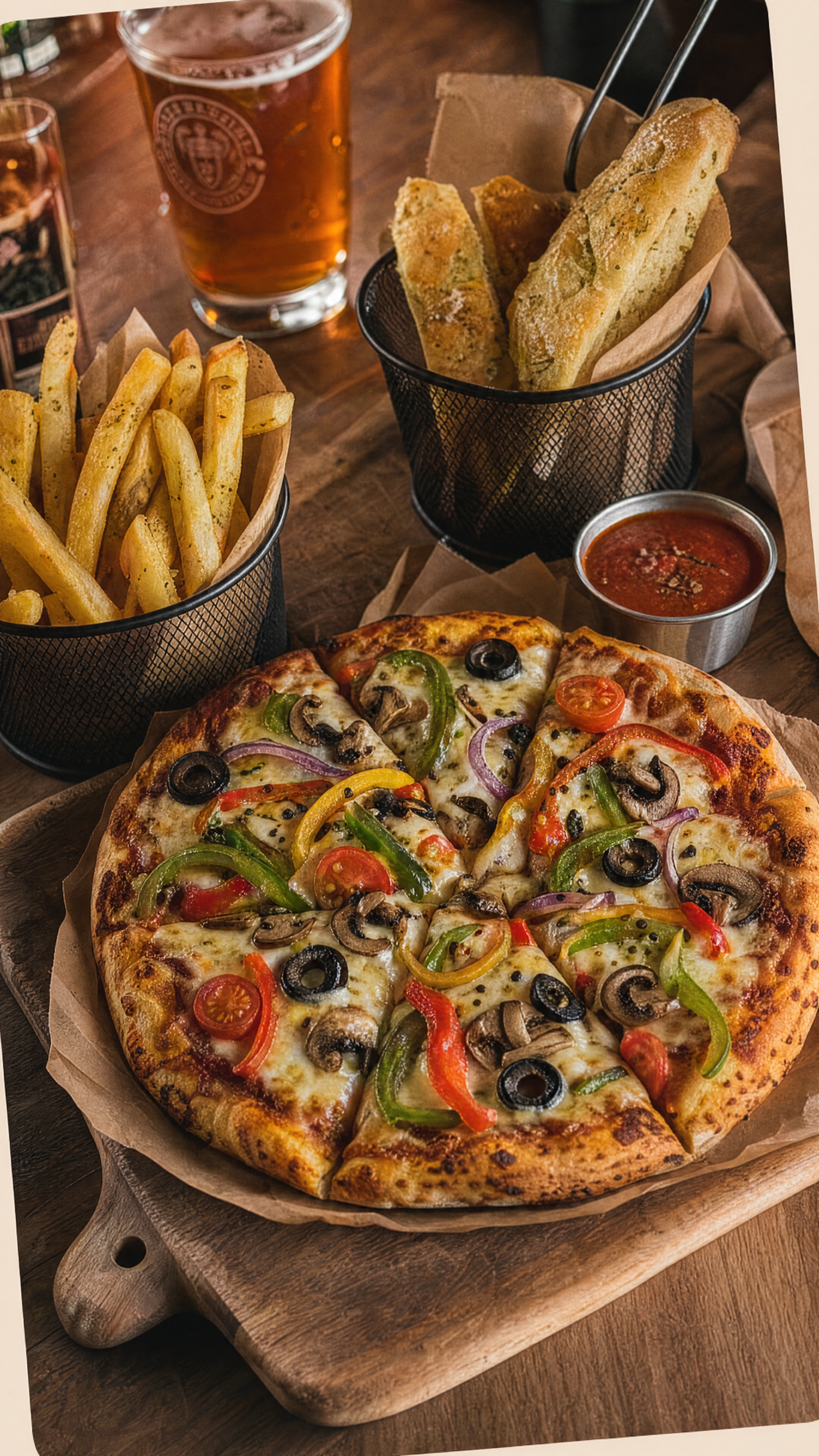 Loaded wood-fired pizza with sides