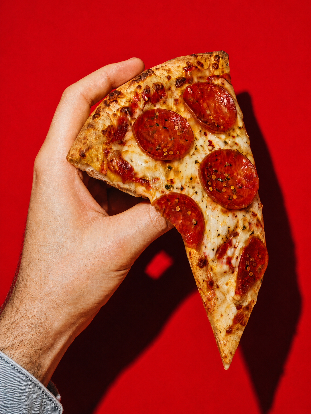 A fresh hot slice in hand