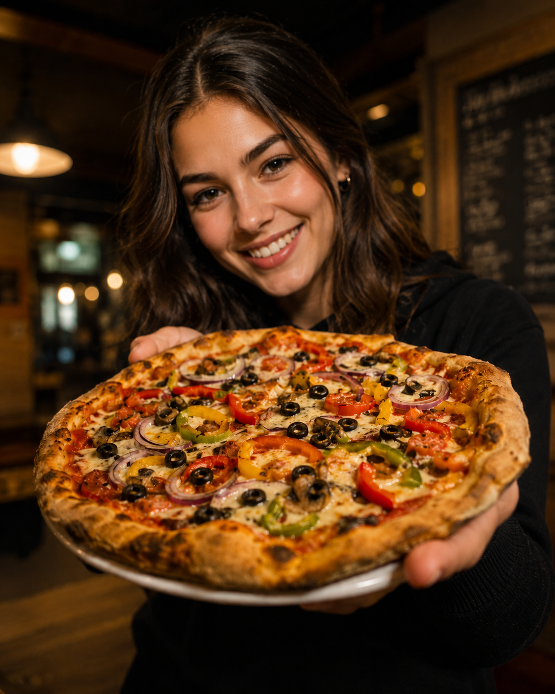 Guest holding a fresh wood-fired pizza
